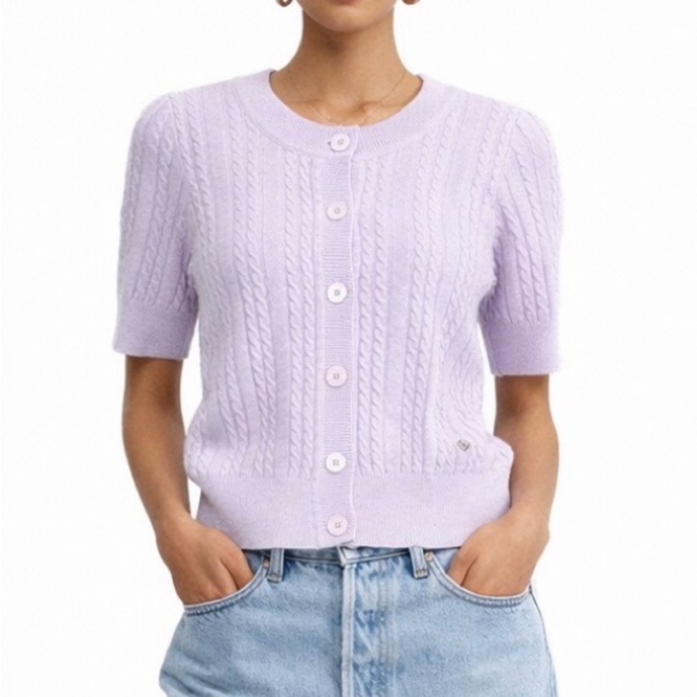 Sandro Lilac Cable-Knit Short-Sleeve Cardigan